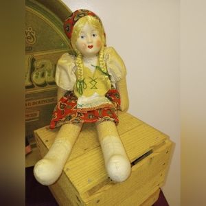 Vintage 1940's Cloth Doll, Celluloid Mask Face Hand Painted 11.5" Doll Poland